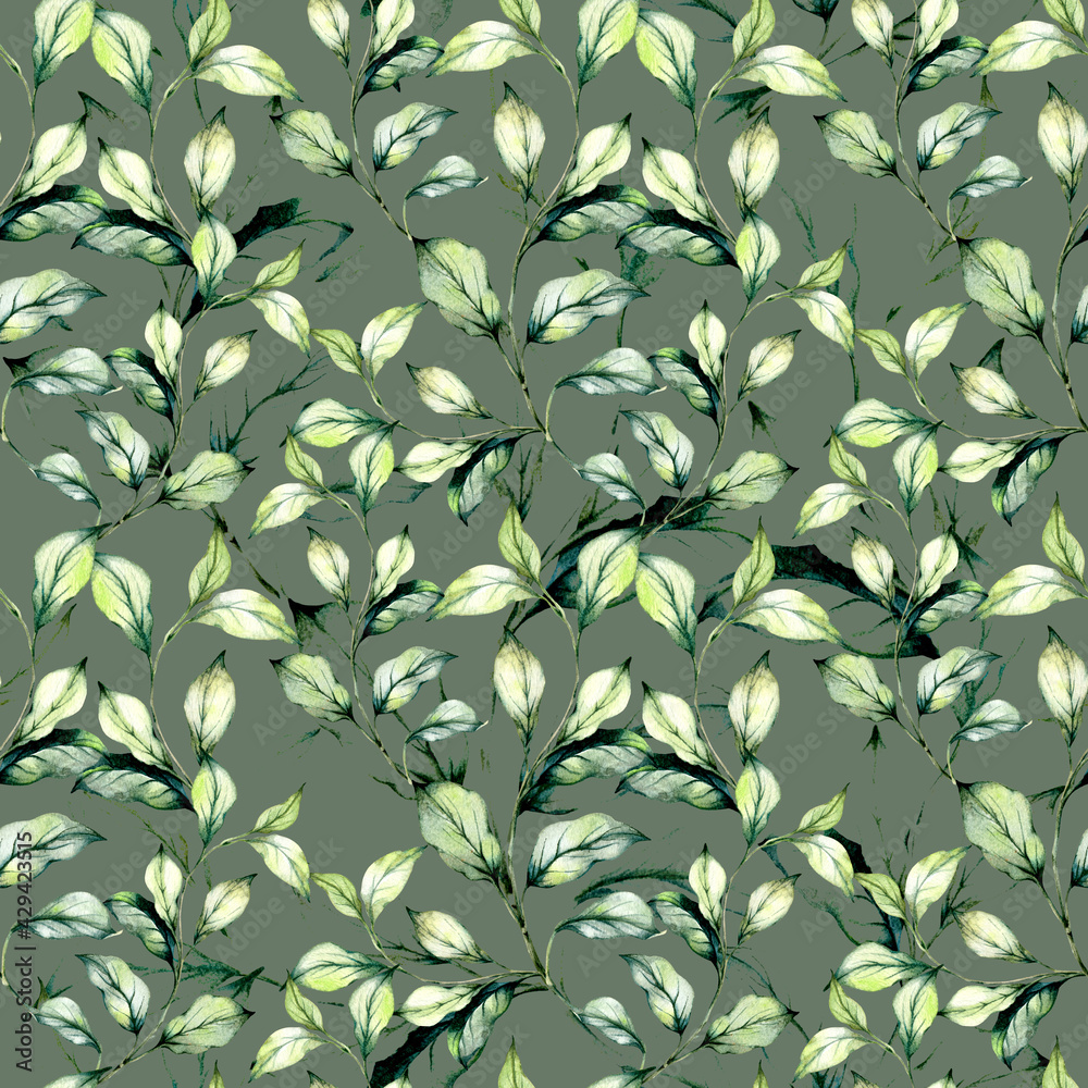 Hand drawn background with green watercolour leaves and grass. Seamless floral watercolor painted pattern Hand drawn background with green watercolour leaves and grass. Seamless floral watercolor painted pattern