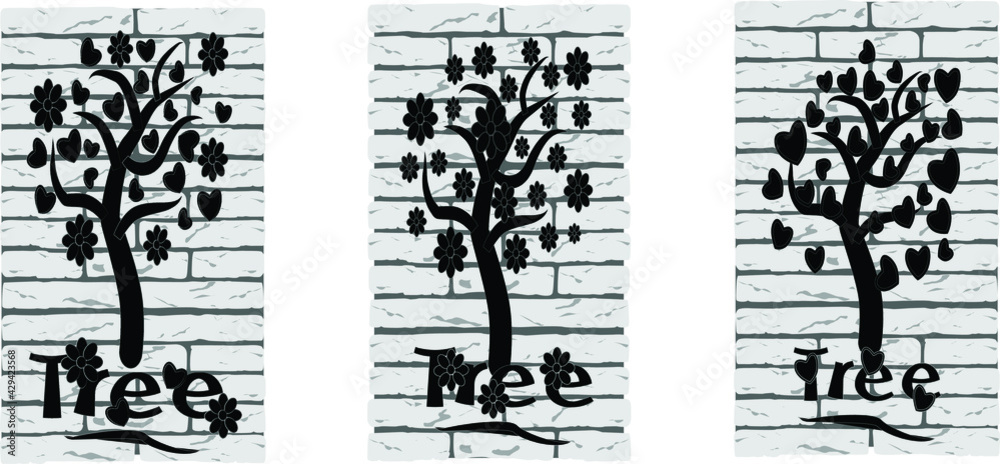 Naklejka premium tree on a brick wall black and white