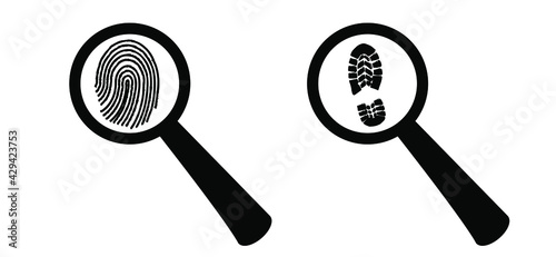 Magnifying glass. Detective magnifier icon with footprint, footstep and fingerprint. Seek evidence and identities