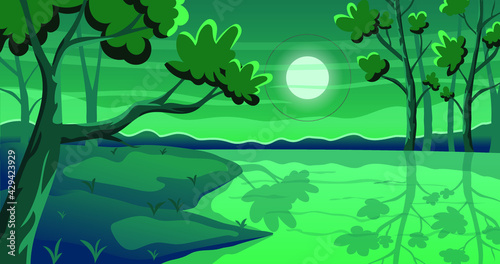 Illustration of trees, sky, lake. Beautiful night landscape.
