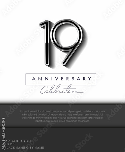 19 Years Anniversary Invitation and Greeting Card Silver Colored with Flat Design and Elegant, Isolated on white Background. Vector illustration.