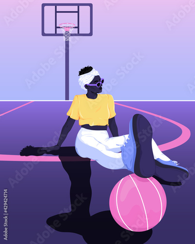 Woman sitting resting feet on basketball vector illustration