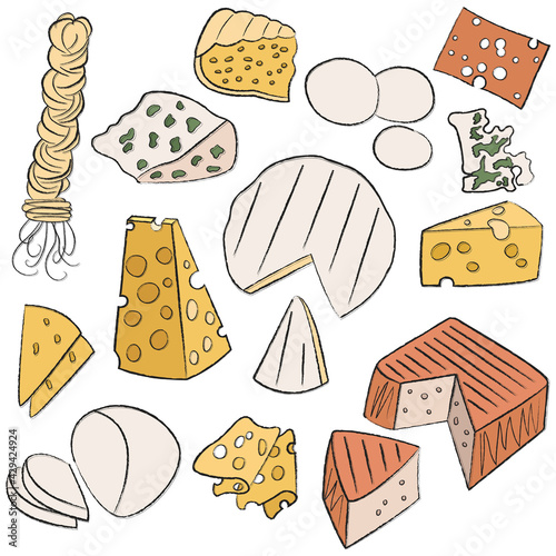 A huge collection of the world's most popular cheeses. Italian, French, Georgian traditional cheese. Mozzarella, brie, blue, Roquefort, gorgonzola, cheddar, gouda, chechil, feta. Simple linear icons