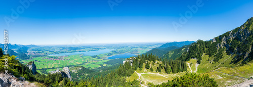 Aerial panorama of Schwangau seen from the top of Tegelberg mountain in Bavaria. Ammergau Alps. Germany