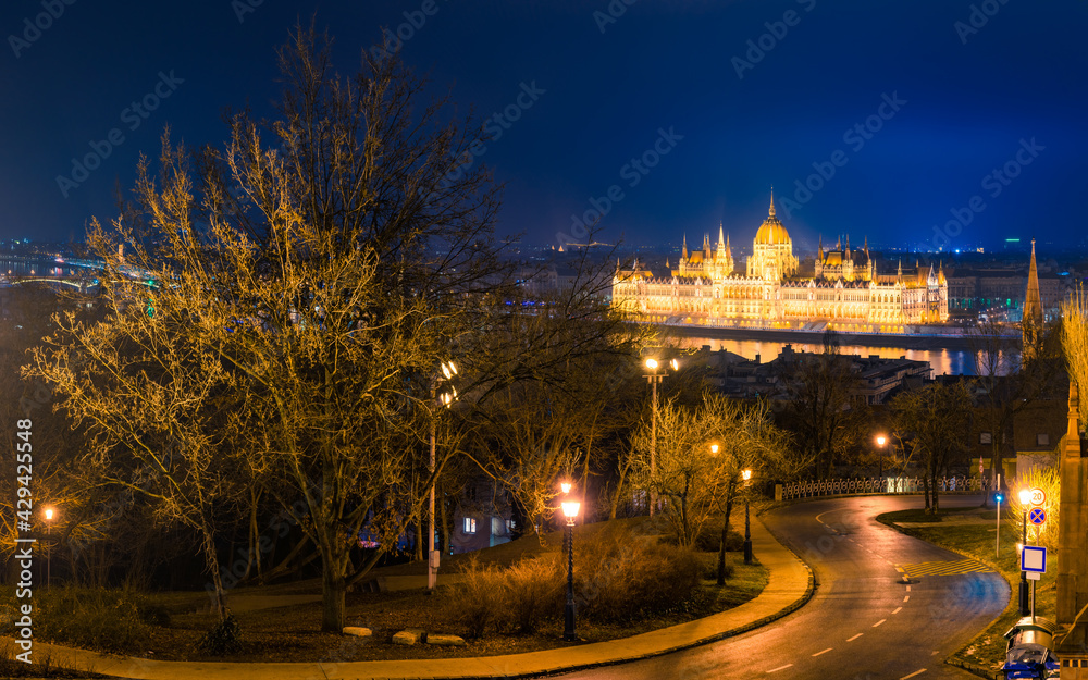 Hungarian Parliament illuminated at night in Budapest. Hungary 