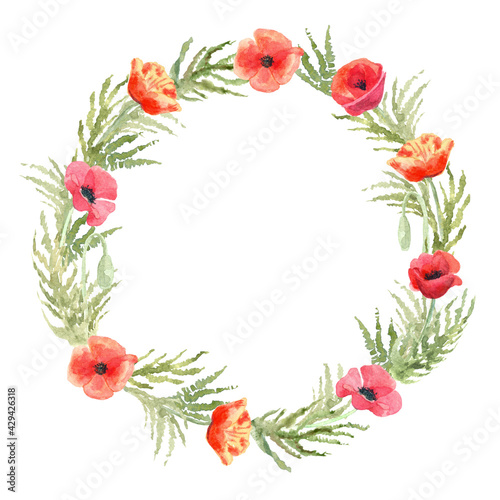 Watercolor floral wreath or frame with poppy flowers. Hand painted illustration on white background. Red and green colors. Great for greeting cards, wedding invitation, home posters.
