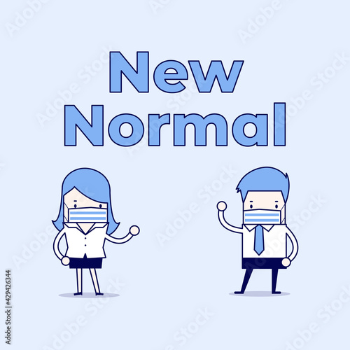 Business office people wearing a face mask prevention and maintain social distancing. New normal working lifestyle concept. Cartoon character thin line style vector.