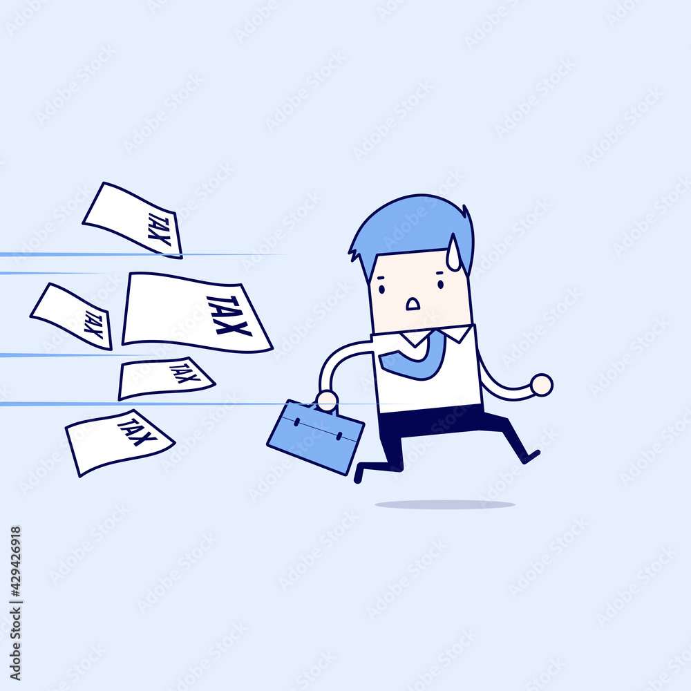 Businessman running away from tax invoice. Cartoon character thin line style vector.