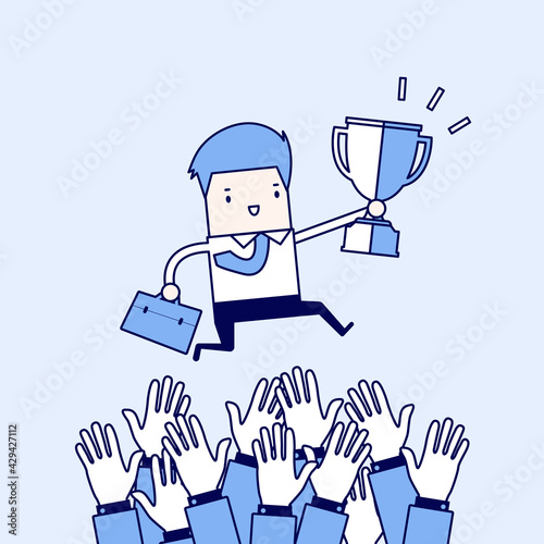 Businessman fighting for a winning trophy. Businessman with a trophy jumping on a challenger's hand. Cartoon character thin line style vector.