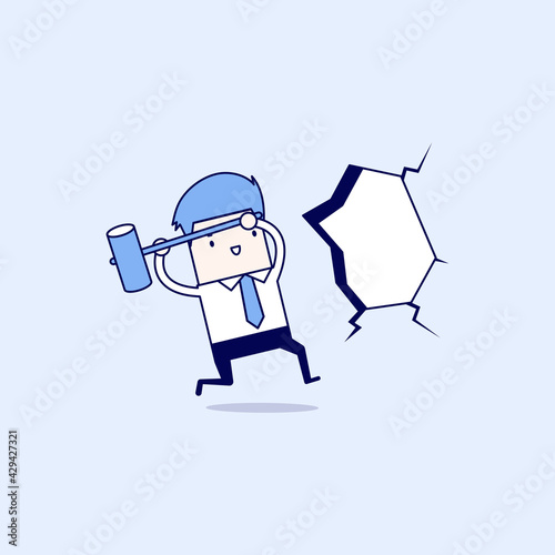 Businessman broke through the wall. Smash the wall. Cartoon character thin line style vector.