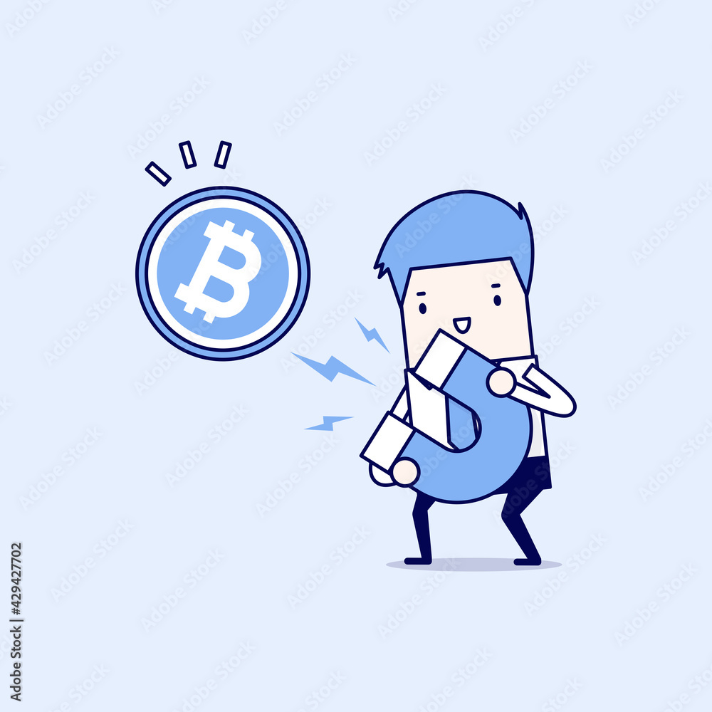 Businessman attracting bitcoin with a large magnet. Cartoon character thin line style vector.