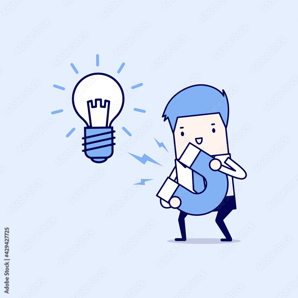 Businessman attracting light bulbs with a large magnet. Cartoon character thin line style vector. Businessman attracting light bulbs with a large magnet. Cartoon character thin line style vector.