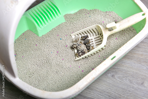 cat litter box with cat feces in it,sand tray,pets toilet