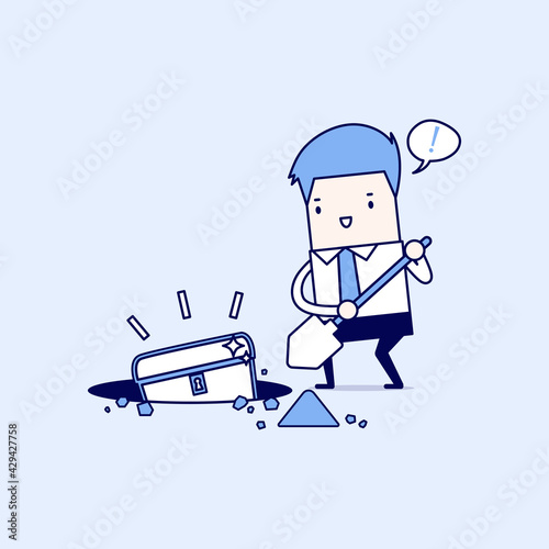 Businessman digging ground for a treasure. Cartoon character thin line style vector.