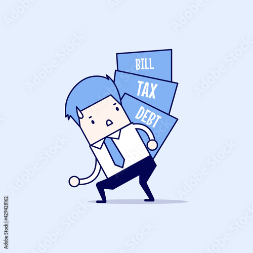 Businessman carry pile of debt, tax and bill. Cartoon character thin line style vector.