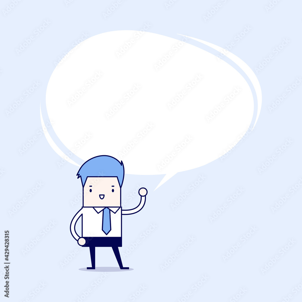 Businessman presented his idea with speech balloon. Cartoon character thin line style vector.