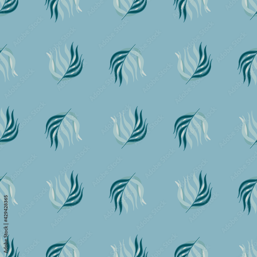Doodle simple style seamless pattern with leaves branches tropical print. Blue pastel background.