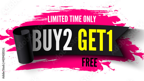 Buy 2, free get 1 sale banner with black ribbon and pink brush strokes. Vector illustration.