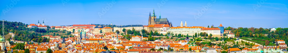 Aerial panorama of Prague with St. Vitus cathedral on top, Czech Republic