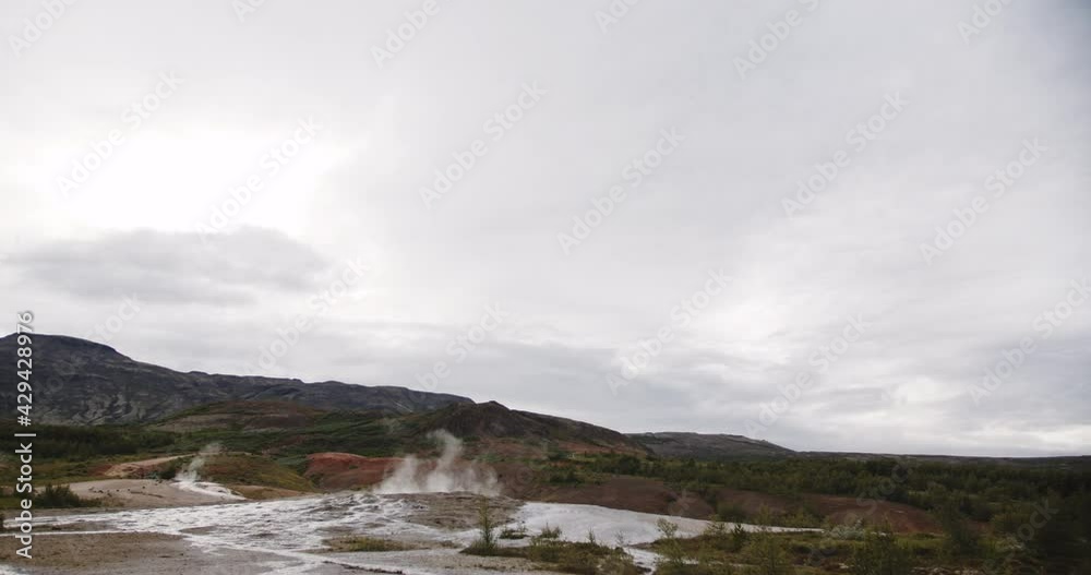 Geysir area in Iceland, famous tourist place after rain Geysir area in Iceland, famous tourist place after rain
