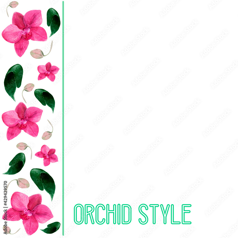 Background with a floral pattern on the side with lilac orchids and green leaves. Design elements are hand drawn with watercolor, floral decor, signage, invitations, price tags