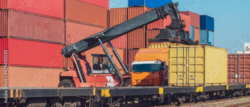 Banner photo of forklift handling the container box from Freight train to truck in logistics area