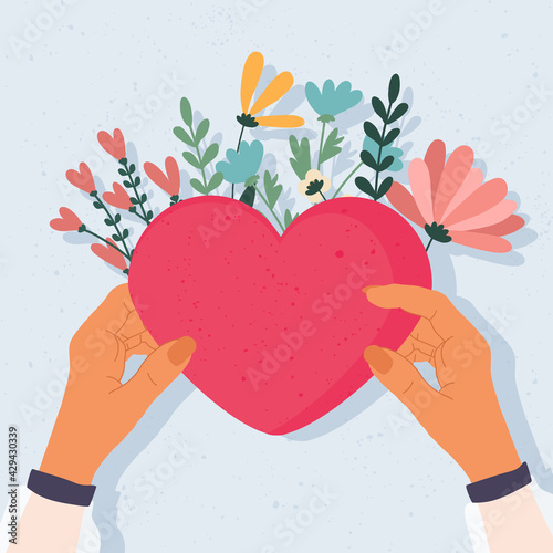 Love envelope in hand and flowers around. Cute cards and posters for the spring holiday. Vector illustration on white background. Flat design. Hand drawn trendy vector greeting card. 