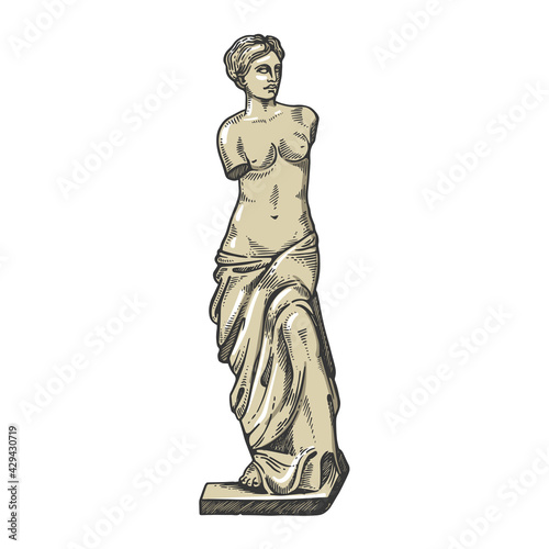 Aphrodite ancient statue color sketch engraving vector illustration. Scratch board style imitation. Black and white hand drawn image.