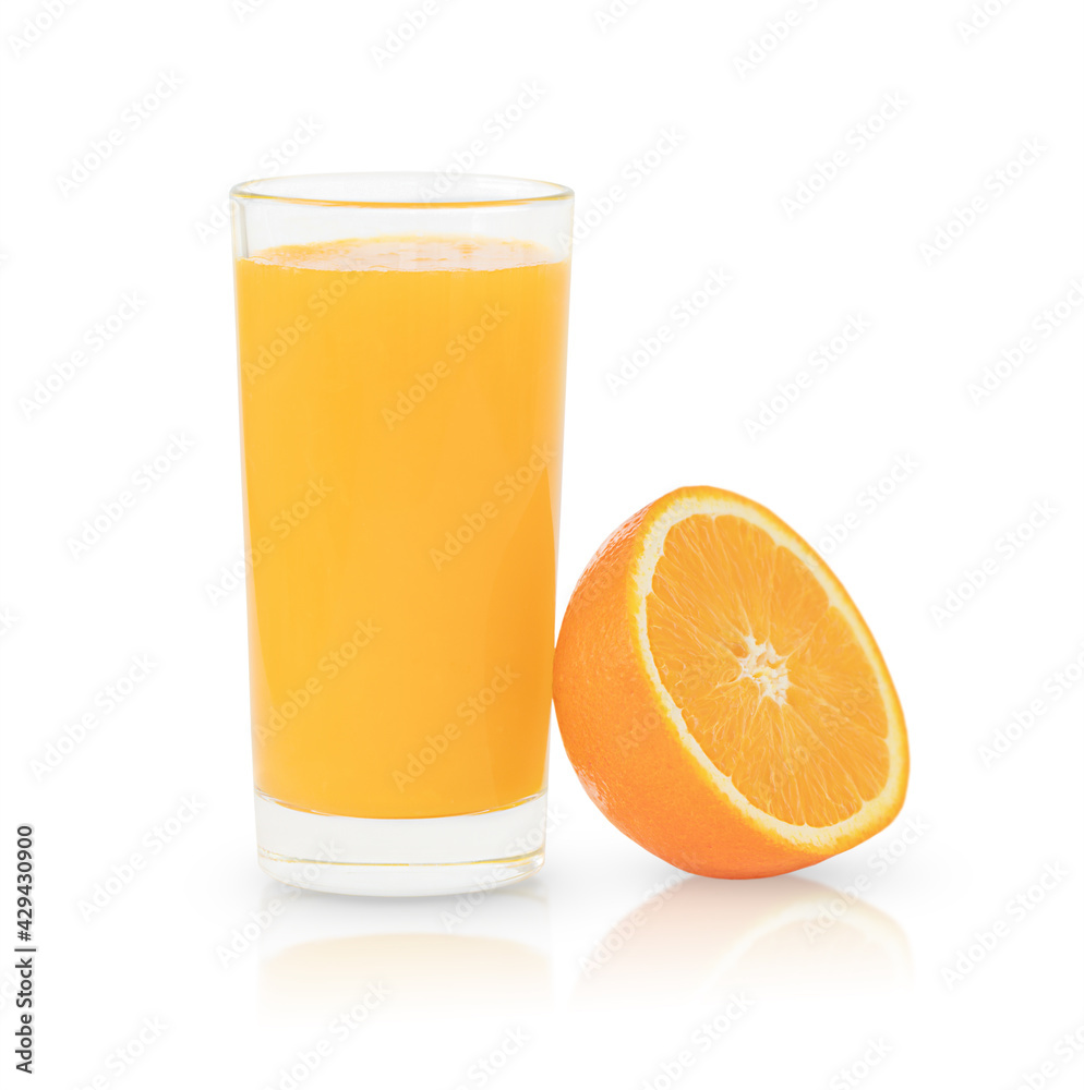 The glass of orange juice and half of orange isolated on the white background The glass of orange juice and half of orange isolated on the white background