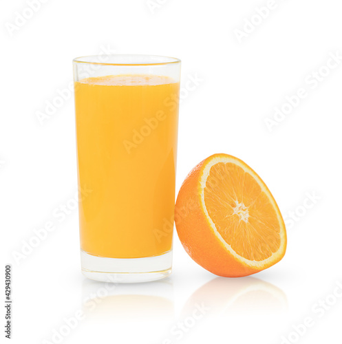 The glass of orange juice and half of orange isolated on the white background