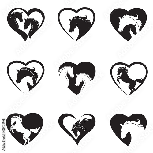 collection of emblem with horse head in heart isolated on white background