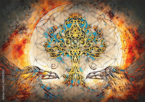 Foto pair of ravens with tree of life and sacred geometry flower of life symbol, space background