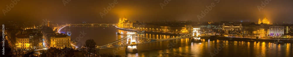 Panorama of Budapest at night overlooking Chain bridge and Hungarian parliament