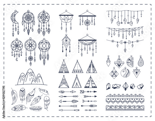 Big collection of decorative elements of Native American tribal. Dream catchers, feathers, arrows, patterned attributes and ornaments isolated on white background. Vector illustration
