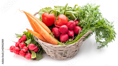 Obraz na płótnie Basket with vegetables. Tomatoes, carrots and radishes with tops. Isolate w salonie