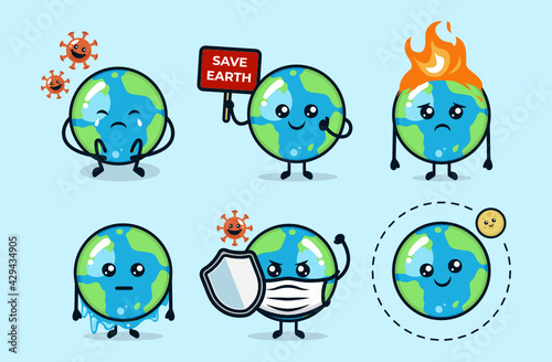 Set of cute planet earth with various environment issue mascot design illustration