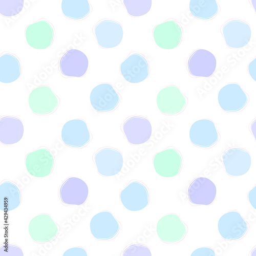 Vector seamless pattern of abstract round spots in three colors: blue, purple and green. Delicate, static ornament on a transparent background.