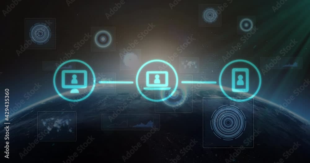 Animation of scopes scanning and three digital icons over globe and sun Animation of scopes scanning and three digital icons over globe and sun