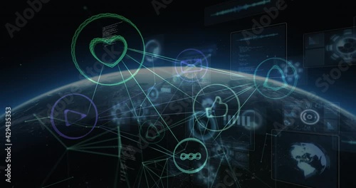 Wallpaper Mural Animation of network of connections with digital icons and data processing on screens over globe Torontodigital.ca