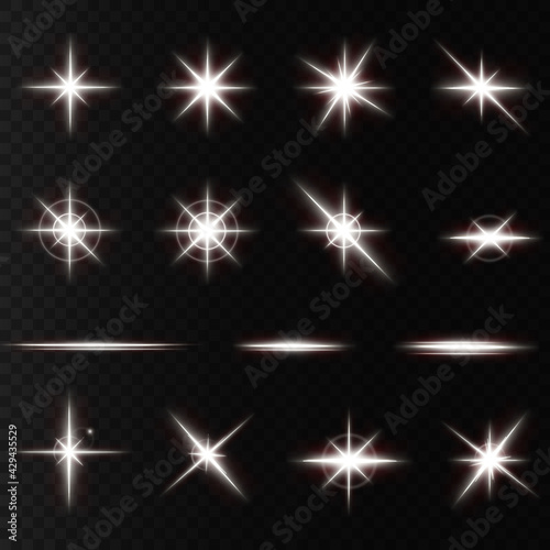 Shining stars isolated on a transparent white background. Effects, glare, radiance, explosion, white light, set. The shining of stars, beautiful sun glare. Vector illustration.

