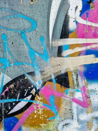 Closeup of colorful messy painted urban wall texture. Modern pattern for wallpaper design. Creative urban city background. Abstract open composition.