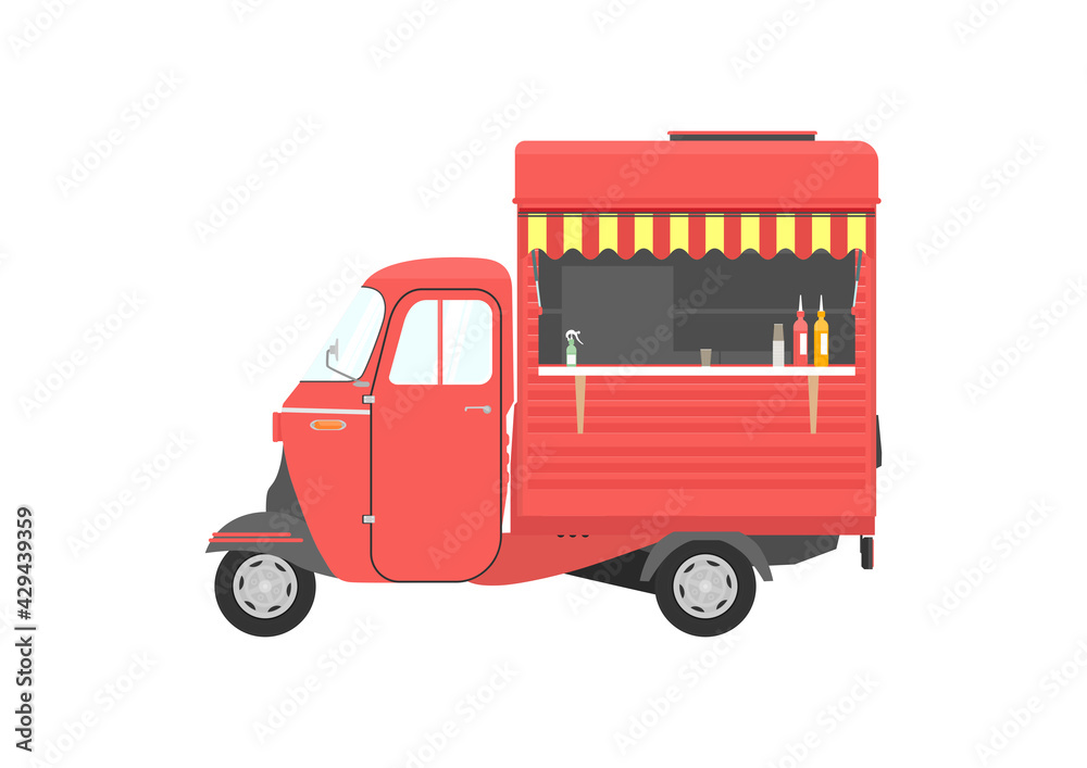 Small three wheeled food truck. Red vintage auto rickshaw. Side view. Flat vector.