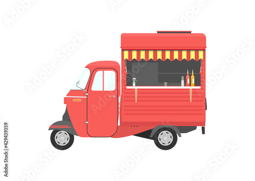 Small three wheeled food truck. Red vintage auto rickshaw. Side view. Flat vector.