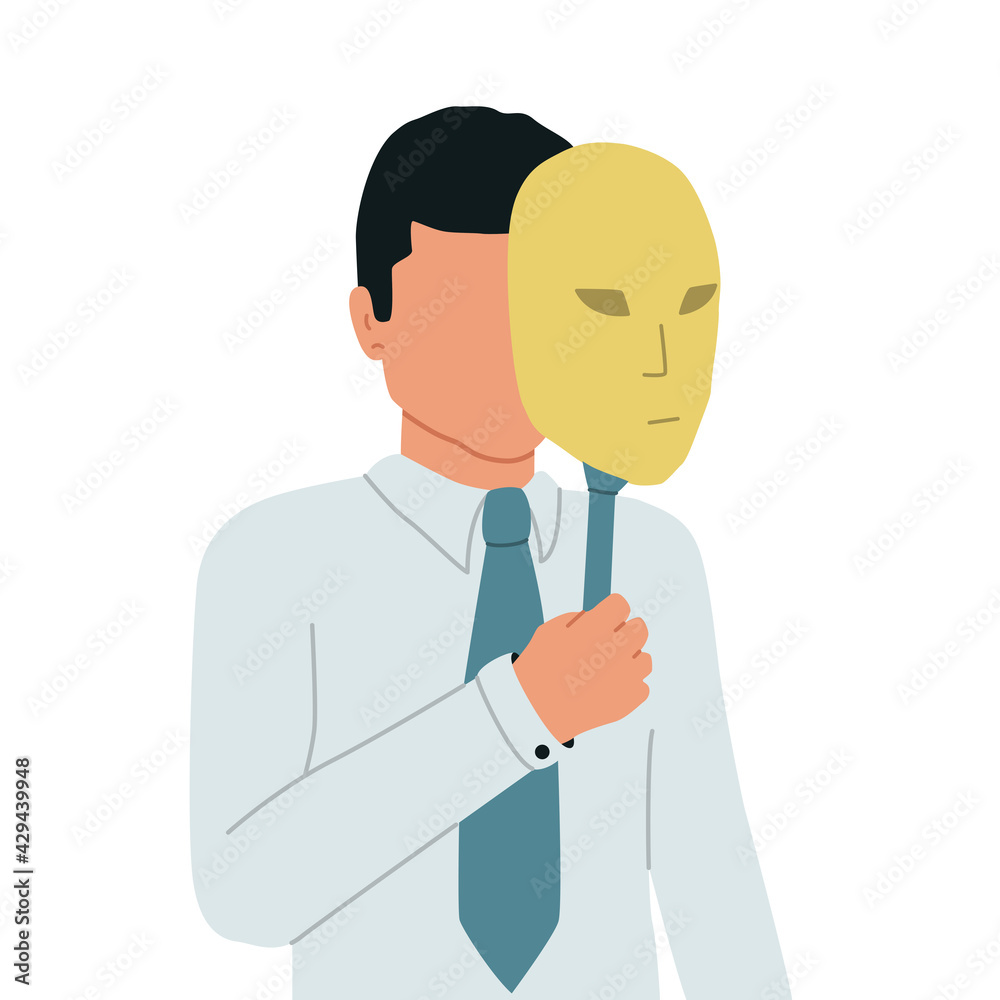 Imposter Syndrome. The businessman hides his face under a theatrical ...