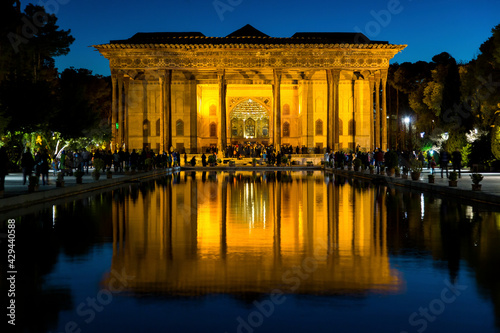 Chehel Sotoun (Forty Columns) is a pavilion in the middle of a park at the  far end of a long pool, in Isfahan, Iran, built by Shah Abbas II. photo