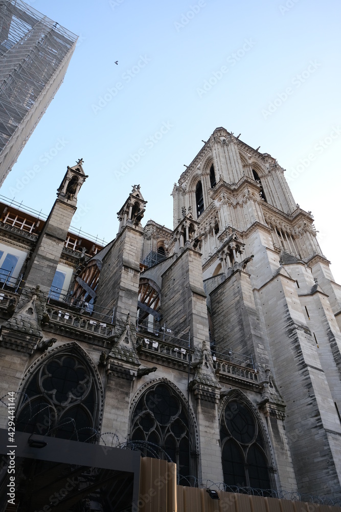 Naklejka premium A close-up on the north side of Notre Dame. Paris, april 2021.