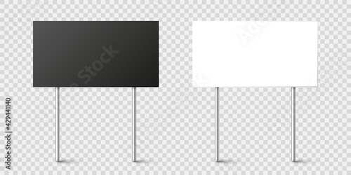 Black and white blank boards with place for text, protest sign. Realistic demonstration or advertising banner. Strike action cardboard placard mockup. Vector illustration.