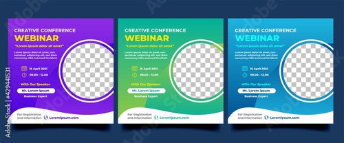 Set of Webinar social media template. Modern banner design with purple, green, and blue color. Vector design with place for the photo. Usable for social media post, flyers, banners, and websites.