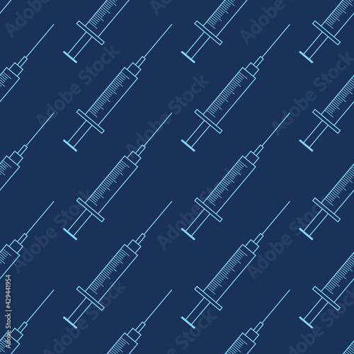 Seamless pattern of medical syringes, isolated on blue background. Linear style. Outline. Diagonal arrangement. Color illustration.