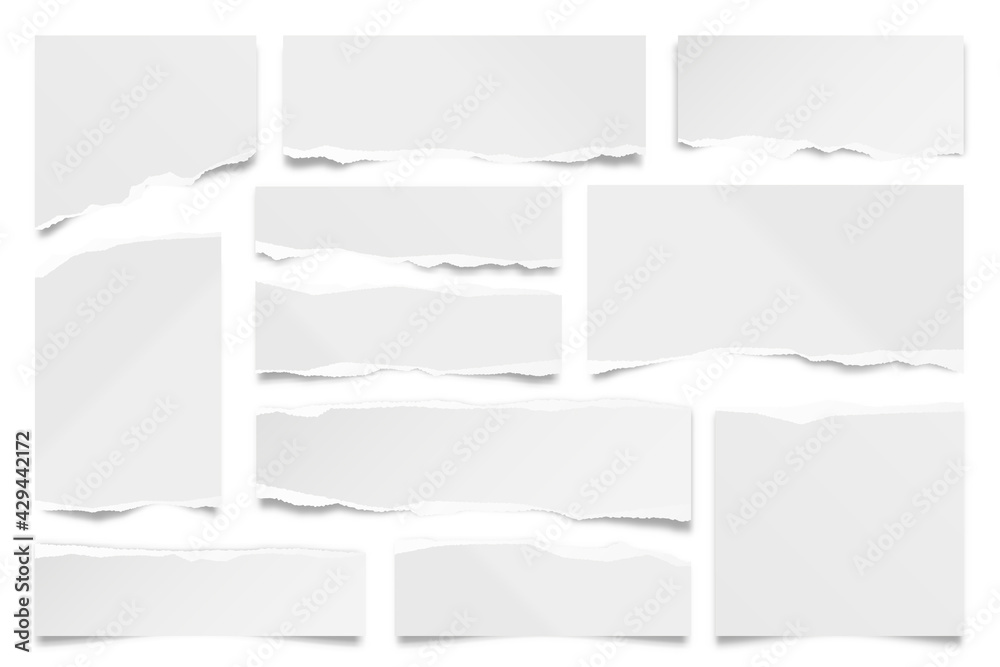 Ripped paper strips isolated on white background. Realistic paper scraps with torn edges. Sticky notes, shreds of notebook pages. Vector illustration.